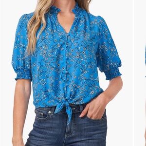 CeCe Blue Floral Blouse with Tie Front
